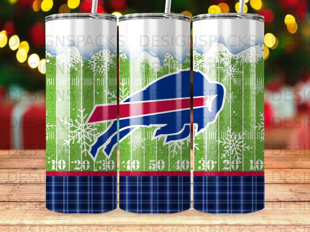 Buffalo Bills logo on a blue plaid and snowflake tumbler design.