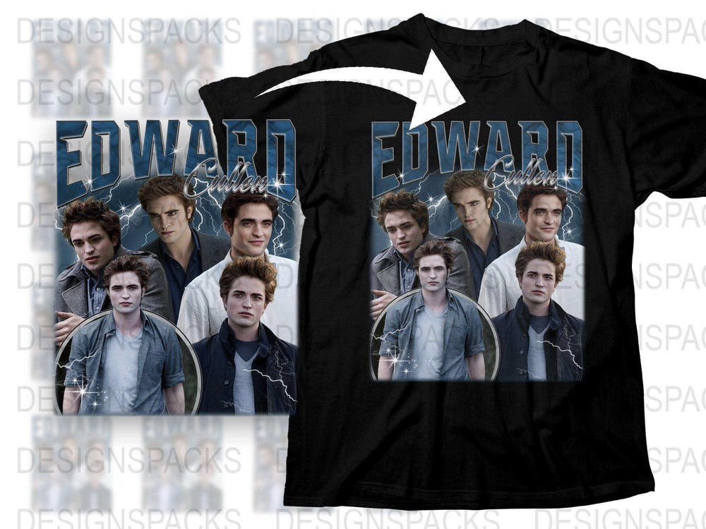 Edward Cullen Graphic T-Shirt, Twilight Saga Movie Fan Merch, Black Tee with Multiple Character Images