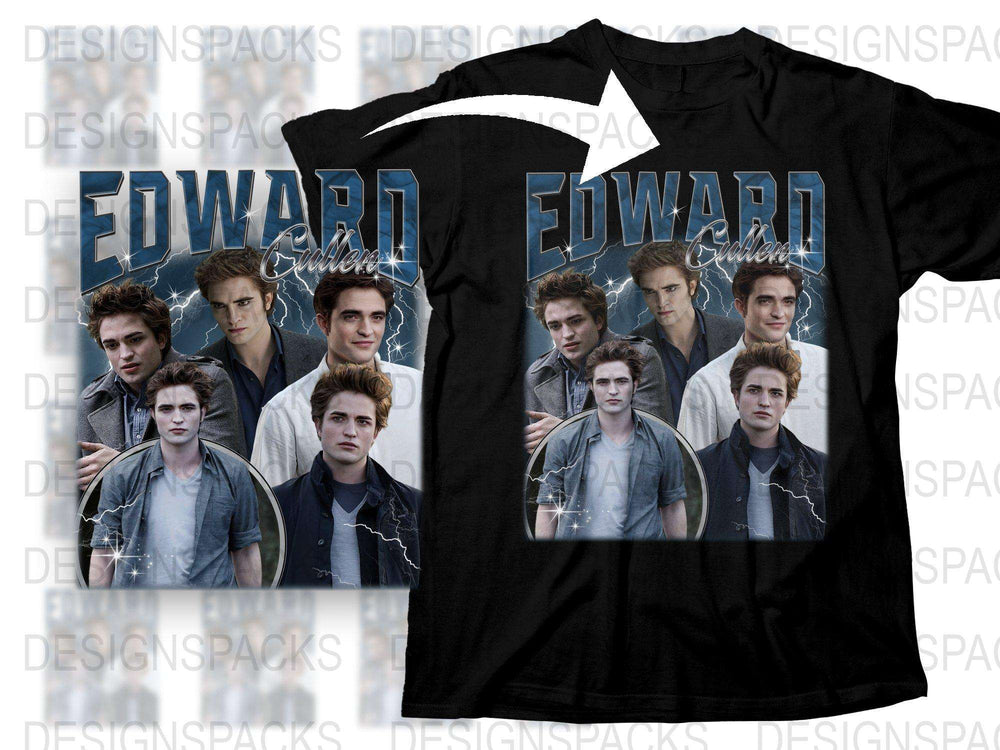 Edward Cullen Graphic T-Shirt, Twilight Saga Movie Fan Merch, Black Tee with Multiple Character Images
