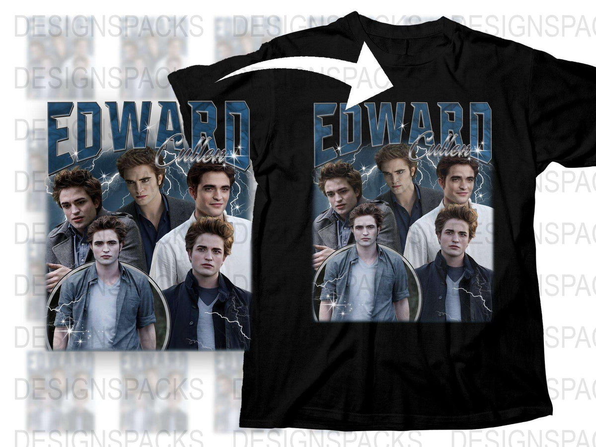 Edward Cullen Graphic T-Shirt, Twilight Saga Movie Fan Merch, Black Tee with Multiple Character Images