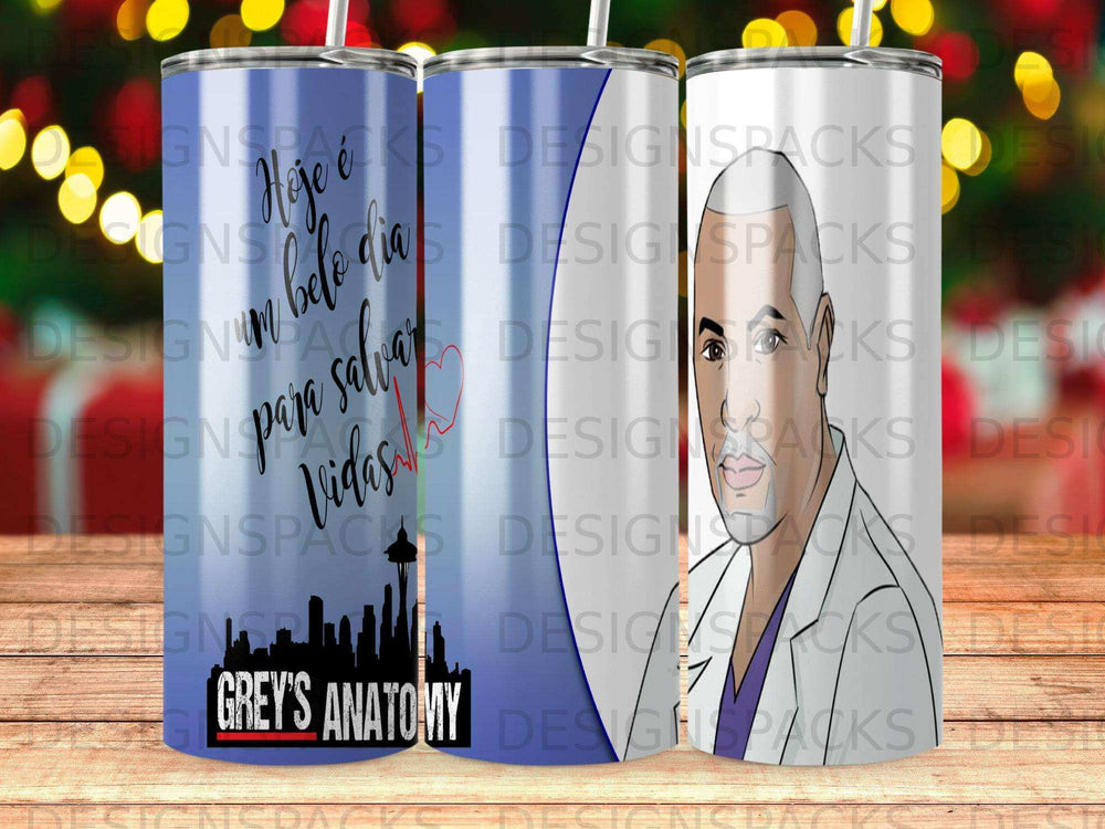 Grey's Anatomy tumbler with text and drawing of a doctor.