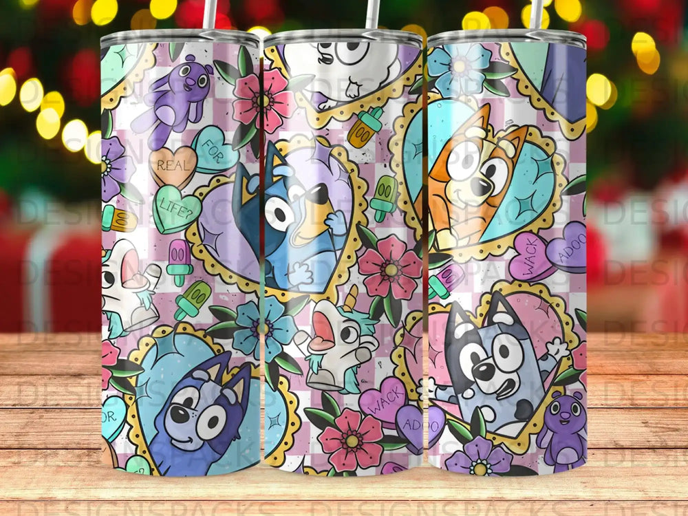 Bluey and Bingo characters on a pink and white striped tumbler with hearts.
