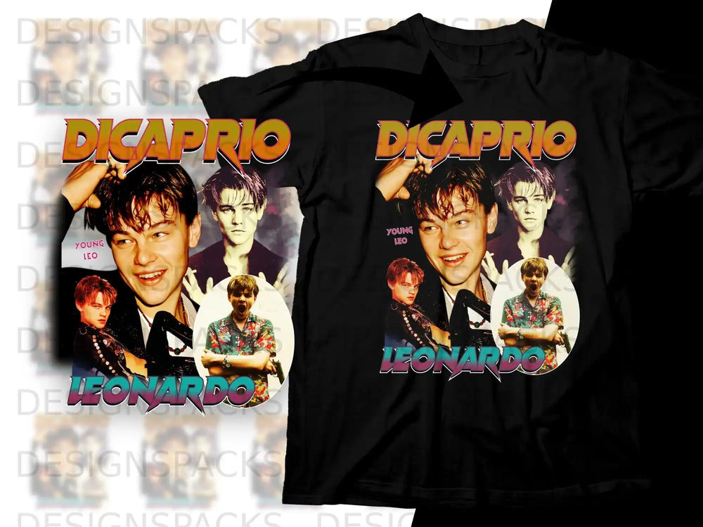 T-shirt featuring Young Leonardo DiCaprio with "DICAPRIO" and "LEONARDO" text.