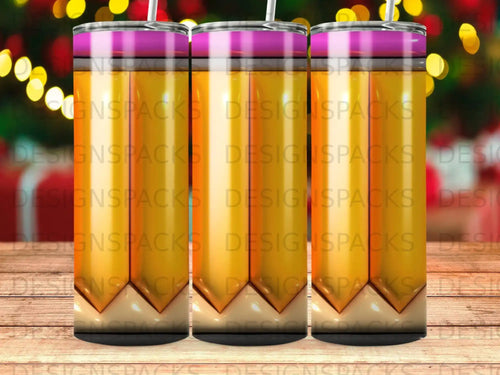 Three tumblers with a colorful pencil design and a purple straw.