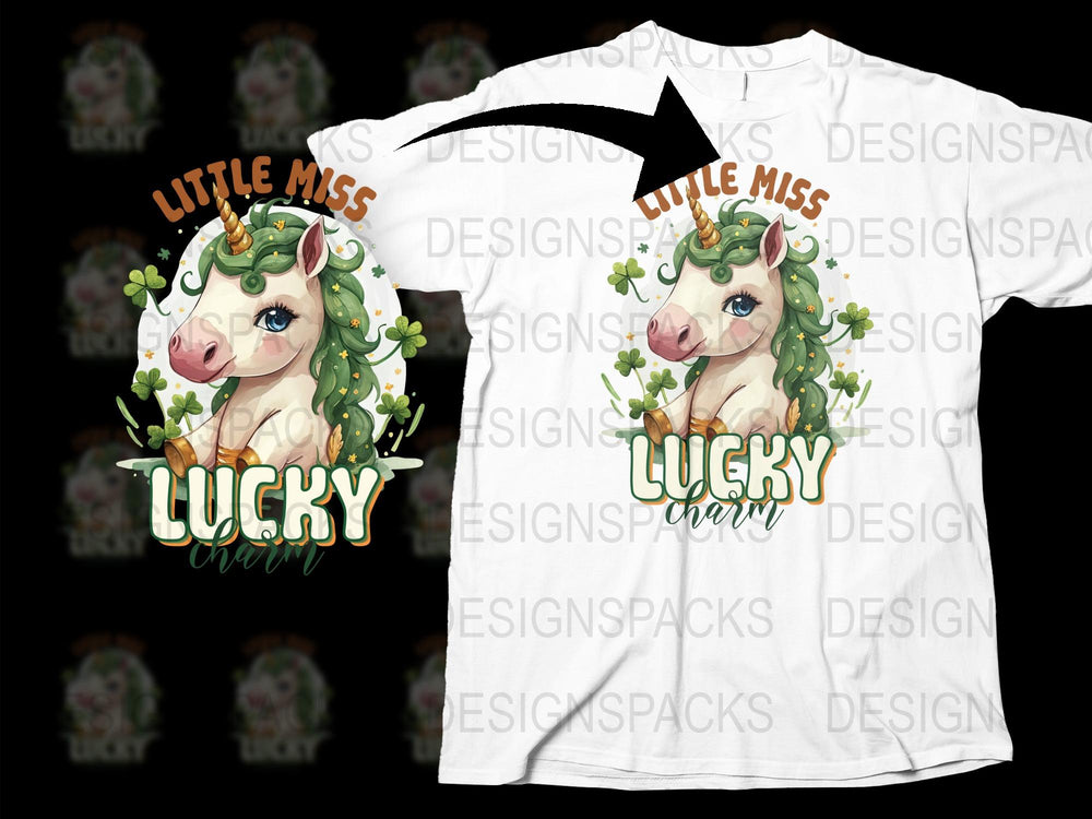 Little Miss Lucky Charm Unicorn T-Shirt, Cute St. Patrick's Day Tee, Graphic Women's Fashion, Casual Style Top