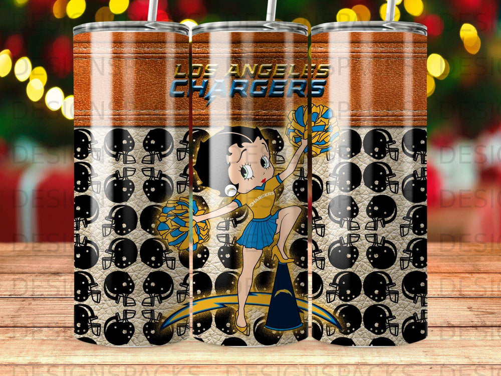 Betty Boop in a Los Angeles Chargers uniform holding pom-poms and a megaphone.