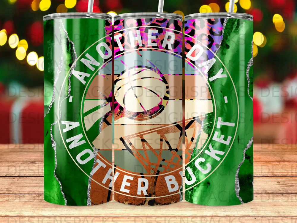 Green glitter tumbler with "Another Day, Another Bucket" text and basketball.