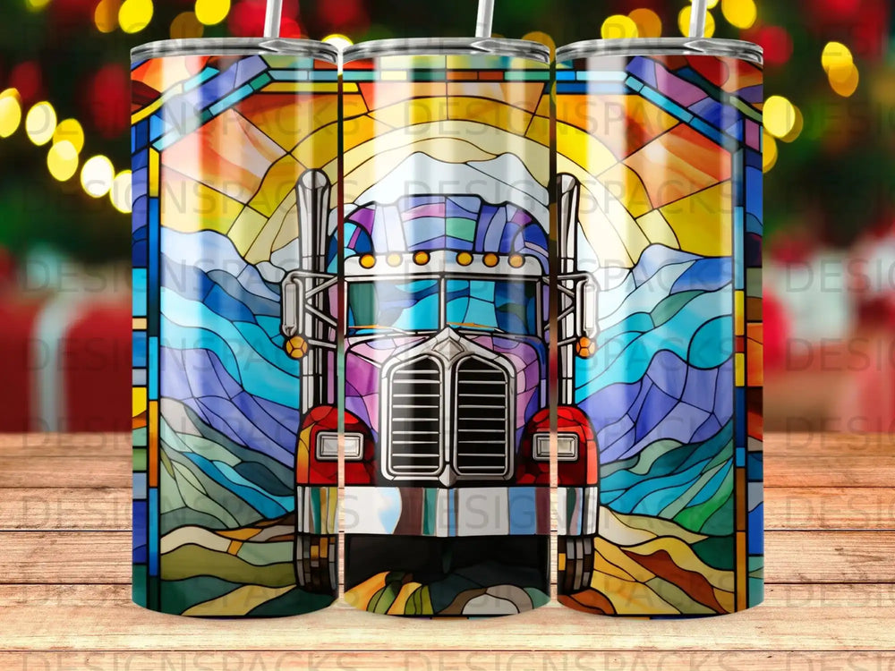 Stained glass-style truck art on a tumbler.