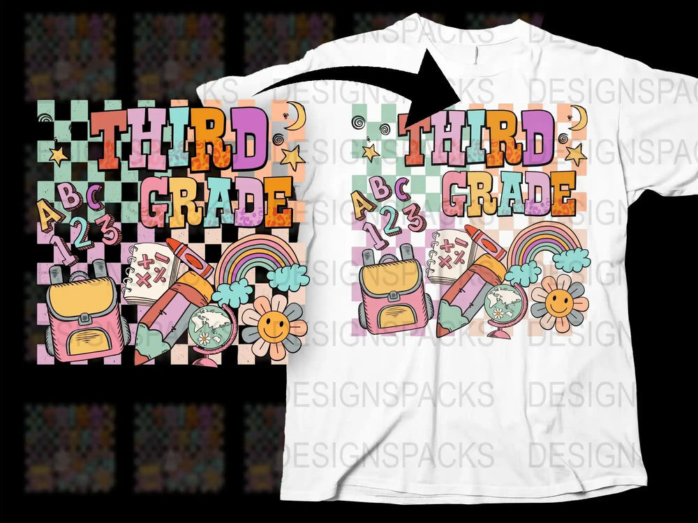 Third Grade T-Shirt, Kids Back to School Graphic Tee, Cute Rainbow and Backpack Design, Unisex Children's Apparel