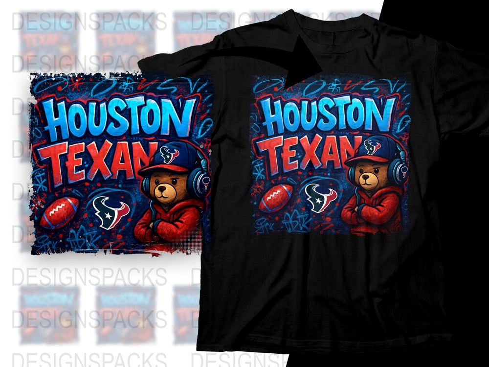 Houston Texans Inspired T-Shirt, Cartoon Bear Graphic, Football Fan Apparel, Bold Colors, Casual Wear