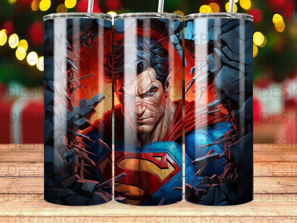 Superman breaks through a cracked wall, his emblem visible.