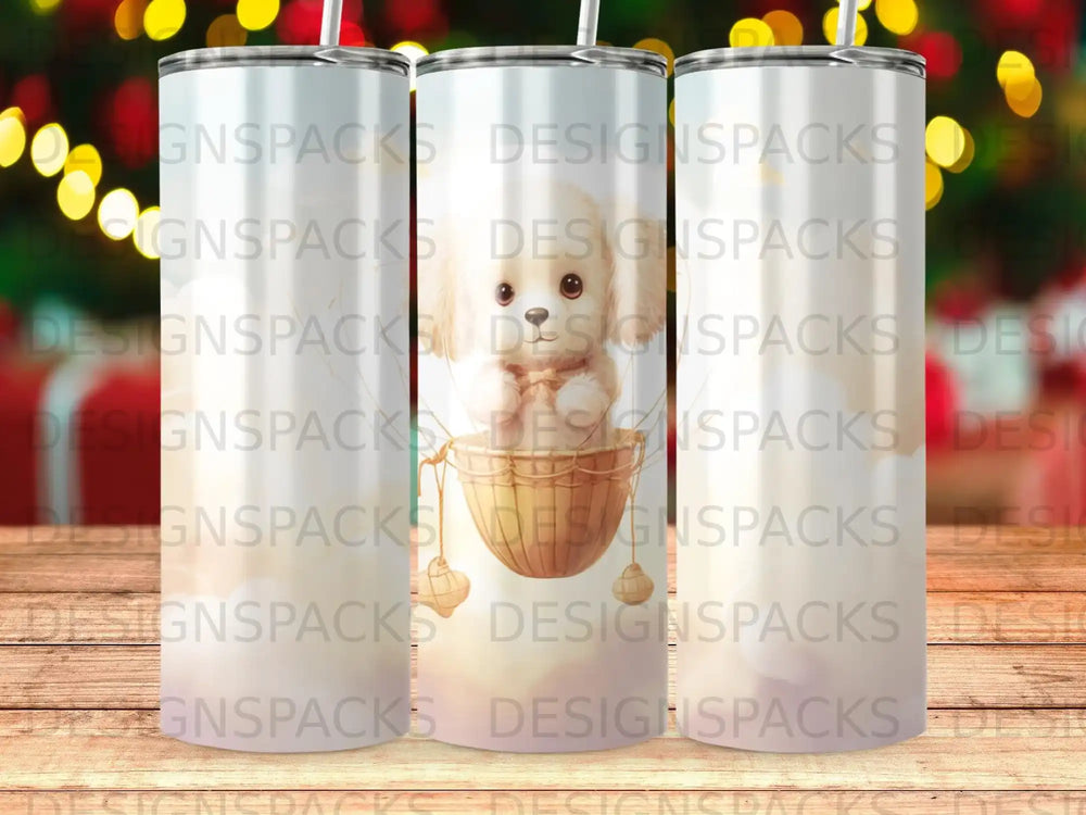 Cute puppy in hot air balloon, surrounded by bokeh lights and clouds.