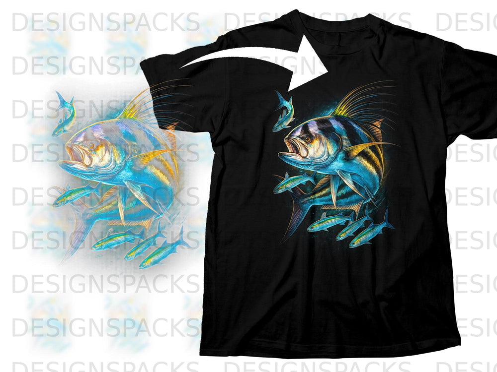 Black t-shirt with a graphic of a large fish and smaller fish.