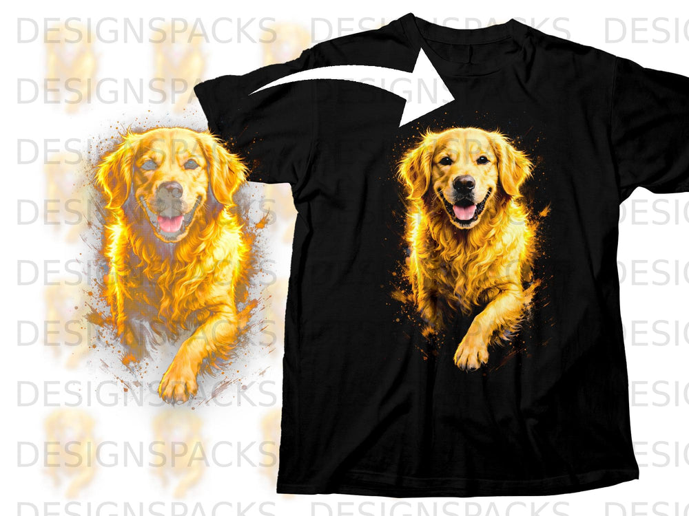 Black t-shirt with a vibrant watercolor golden retriever graphic across the chest.