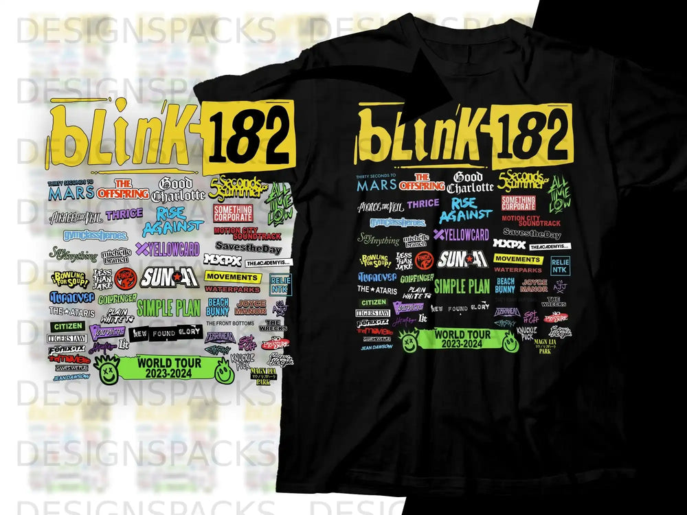 Blink-182 World Tour 2023-2024 graphic tee with band names.