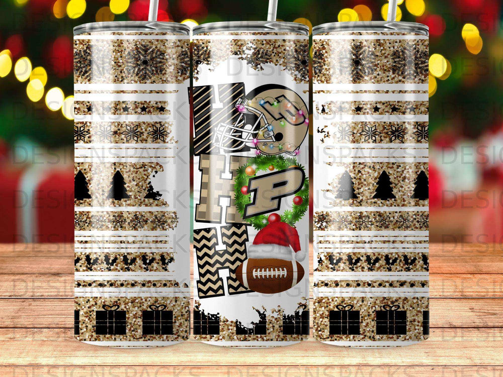 Tumbler with "HO HO HO" and football, snowflake, and Christmas tree patterns.