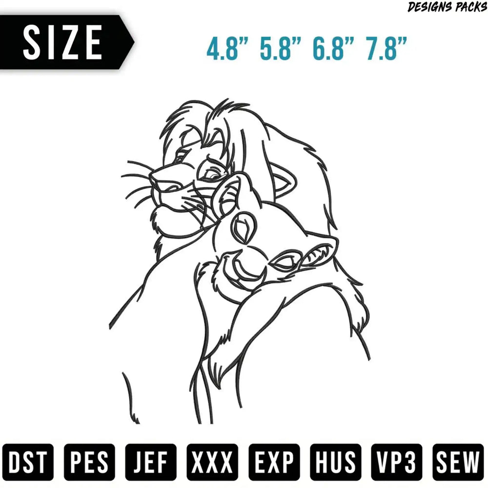 Lion cub and adult lion outline, with sizes and embroidery file types.