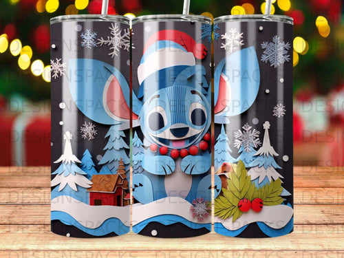 Blue cartoon Stitch in Santa hat with Christmas decorations and snowflakes.