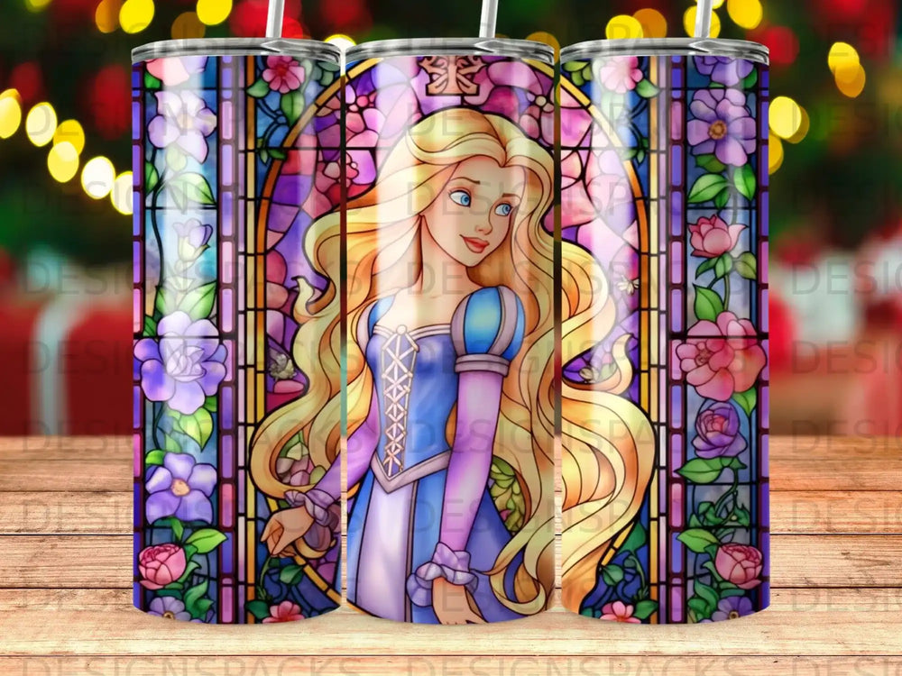 Stained glass tumbler featuring Rapunzel with flowers.