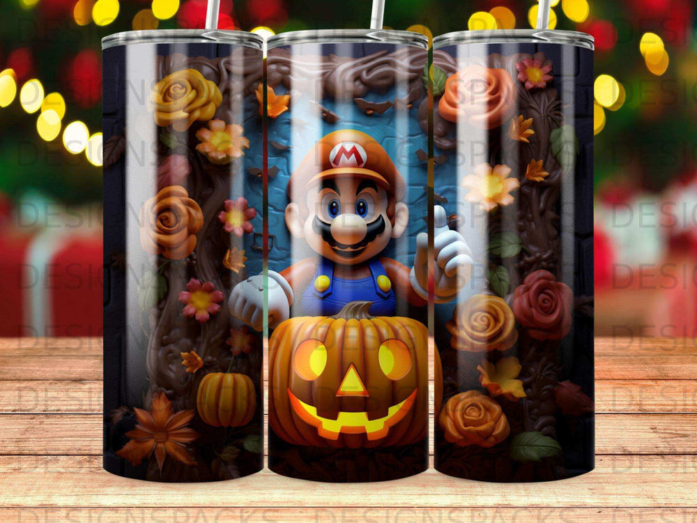 Mario character in front of a jack-o'-lantern, surrounded by fall flowers.