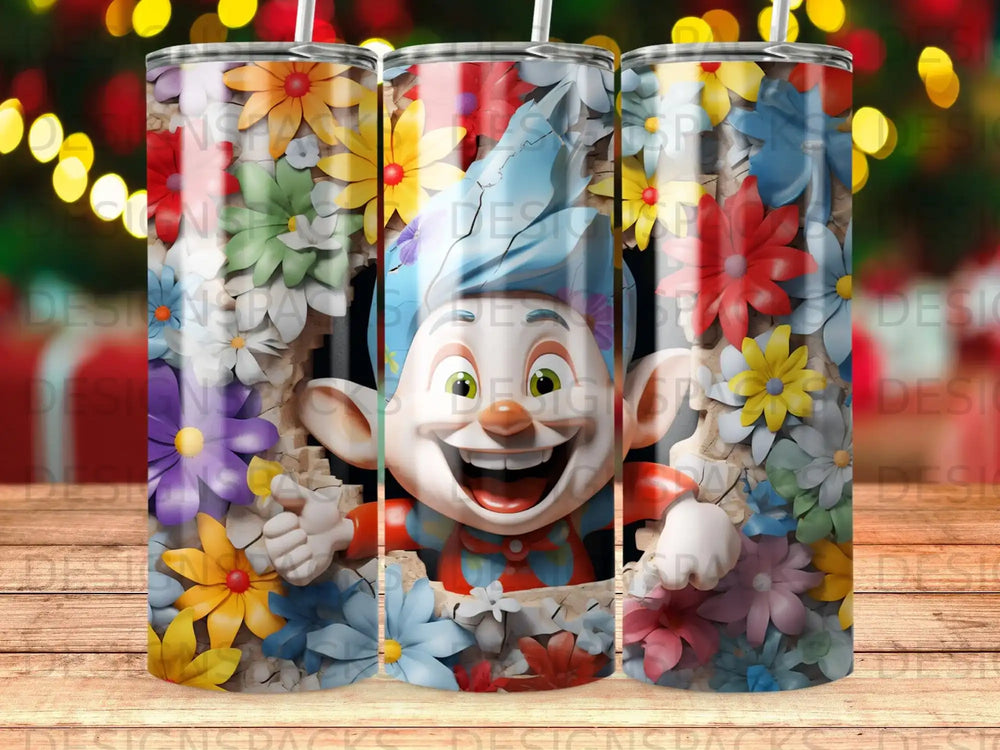 Smiling cartoon character with colorful flowers and bokeh background.