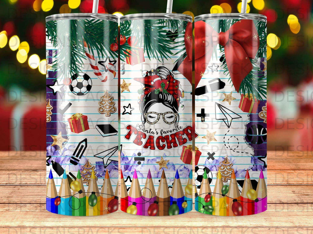 Christmas pattern tumbler with Santa's Favorite Teacher text and holiday icons.