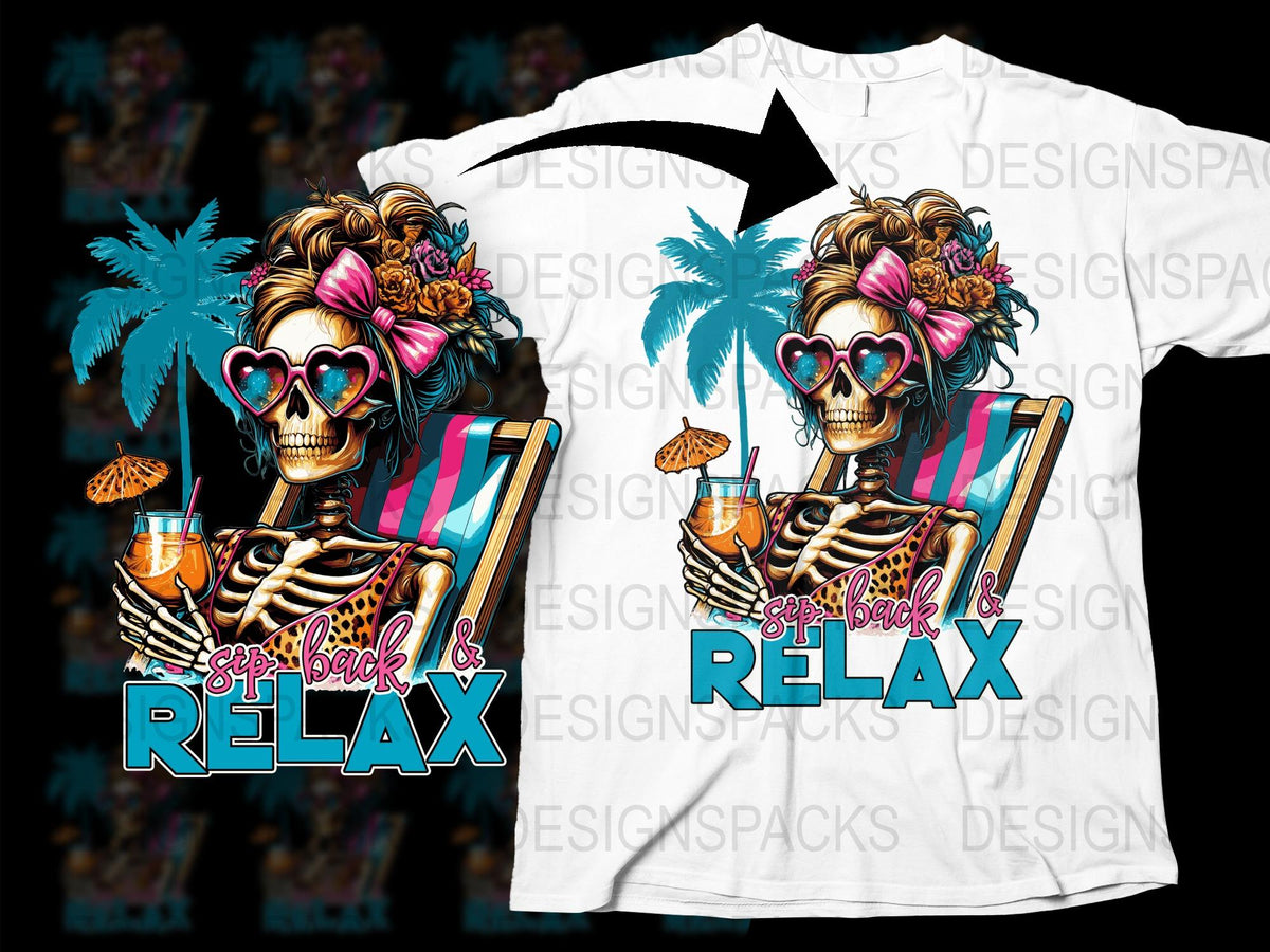 Tropical Skull Graphic T-Shirt, Sip Back and Relax Beach Tee, Summer Vacation Shirt, Colorful Flower Skull Top
