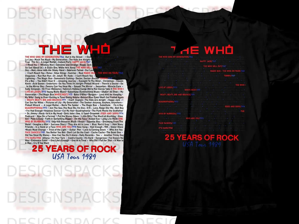 The Who 25 Years of Rock USA Tour 1989 album list t-shirt.