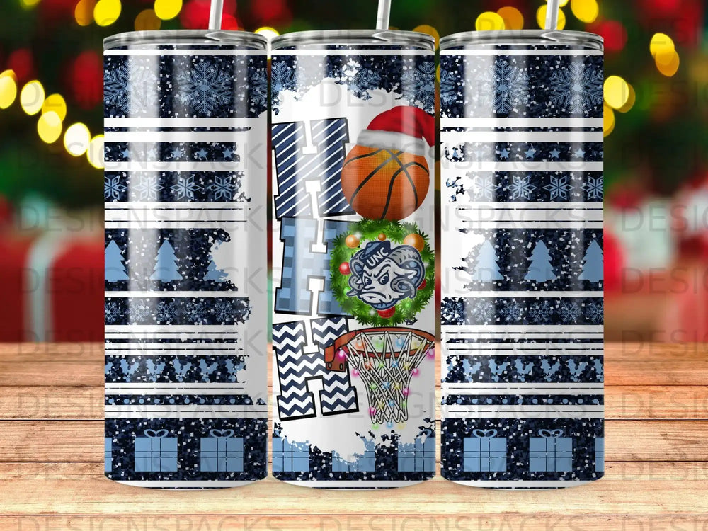 Blue, white, and gray tumbler design with "HOOPS" text, basketball, and UNC logo.