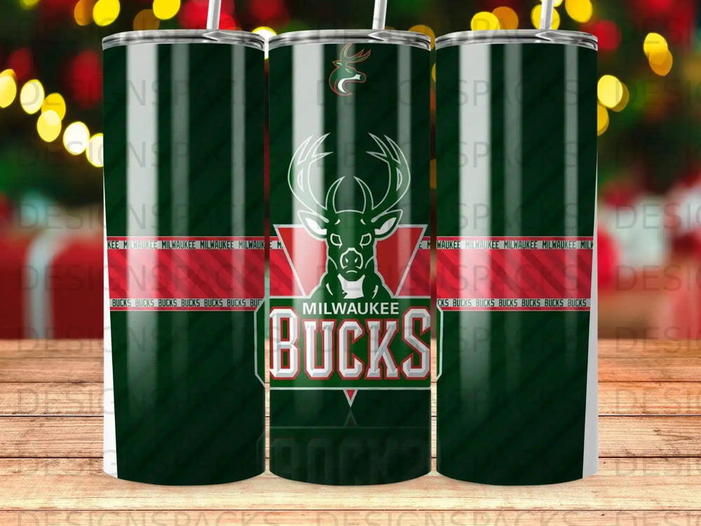 Milwaukee Bucks logo on a dark green tumbler with repeated team name.