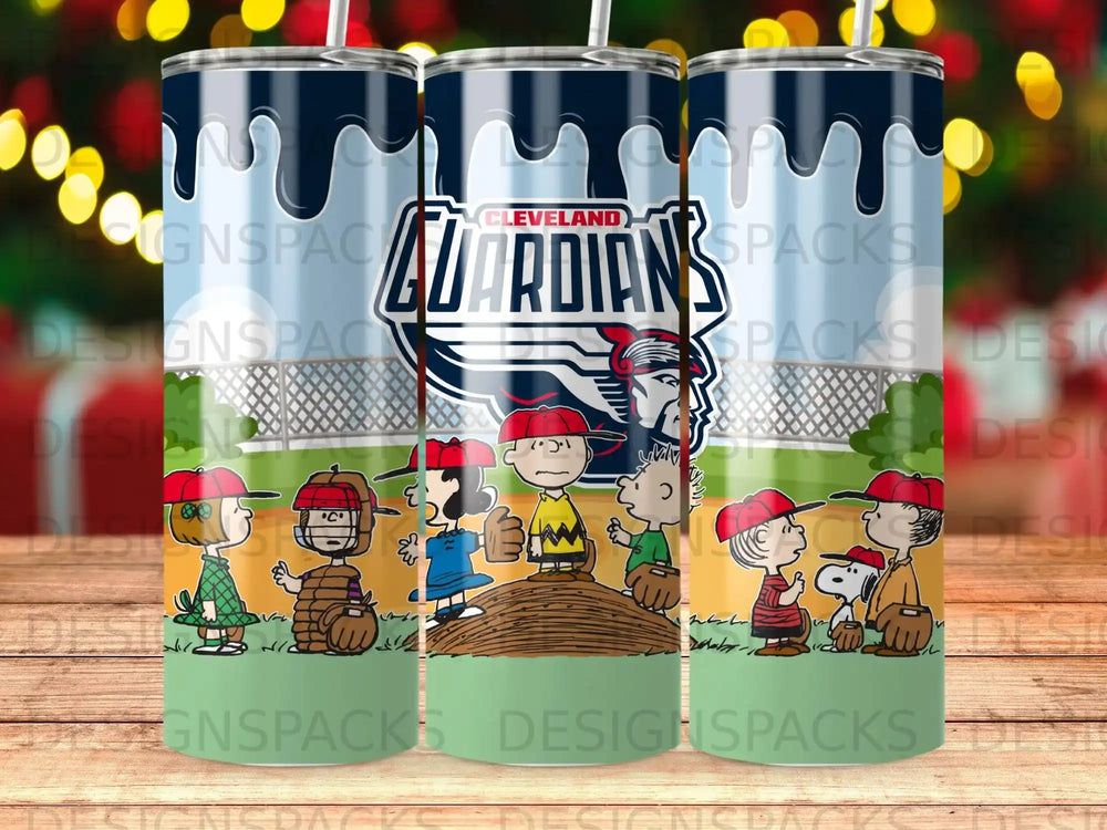 Cleveland Guardians logo with Snoopy and friends on a baseball field.