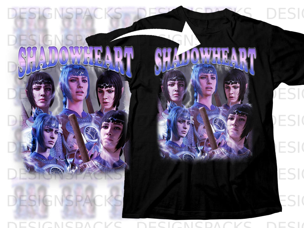 Black t-shirt with "SHADOWHEART" text and four women characters in armor.