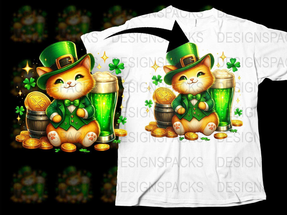 Lucky Cat T-Shirt, St. Patrick's Day Cat with Hat, Beer, and Gold Coins Shirt, Cute Kitten Graphic Tee, Irish Festival Clothing
