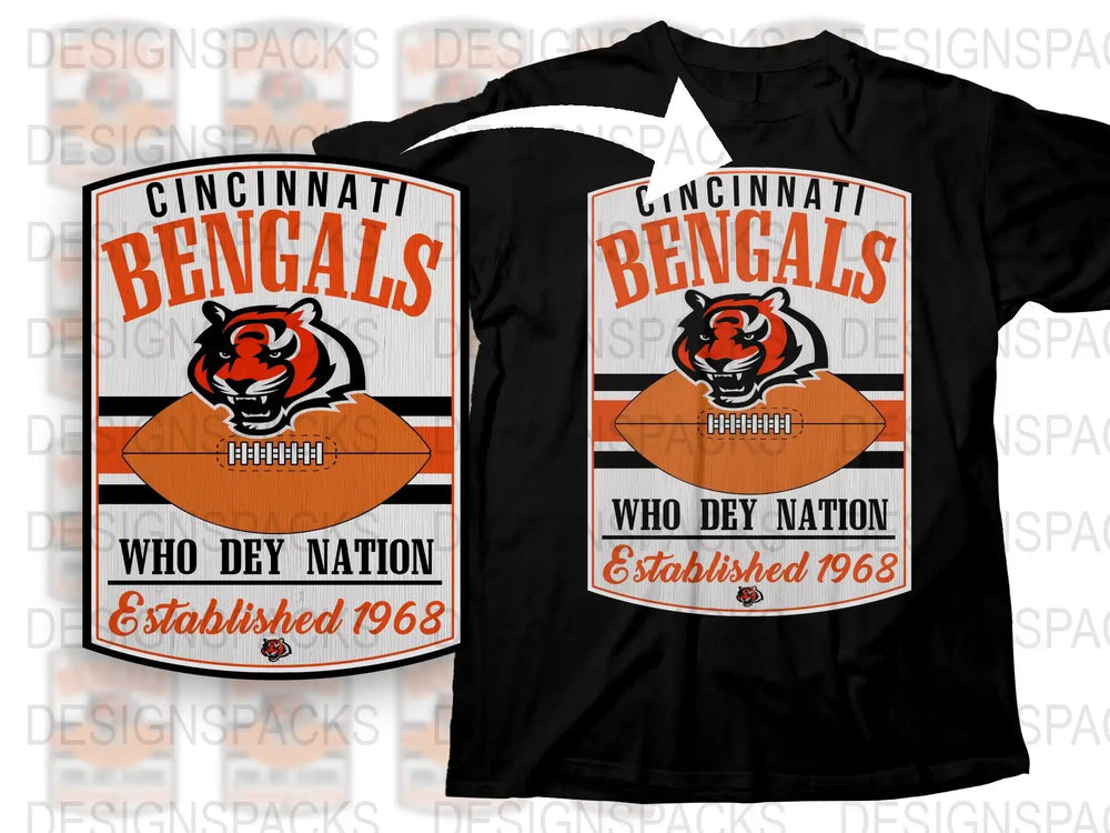 Cincinnati Bengals T-Shirt, Who Dey Nation, Vintage 1968 Logo, Black and Orange Tee