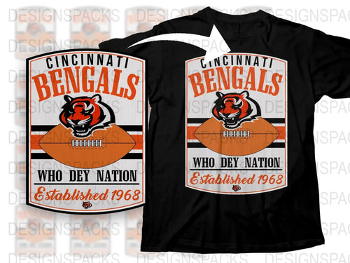 Cincinnati Bengals T-Shirt, Who Dey Nation, Vintage 1968 Logo, Black and Orange Tee