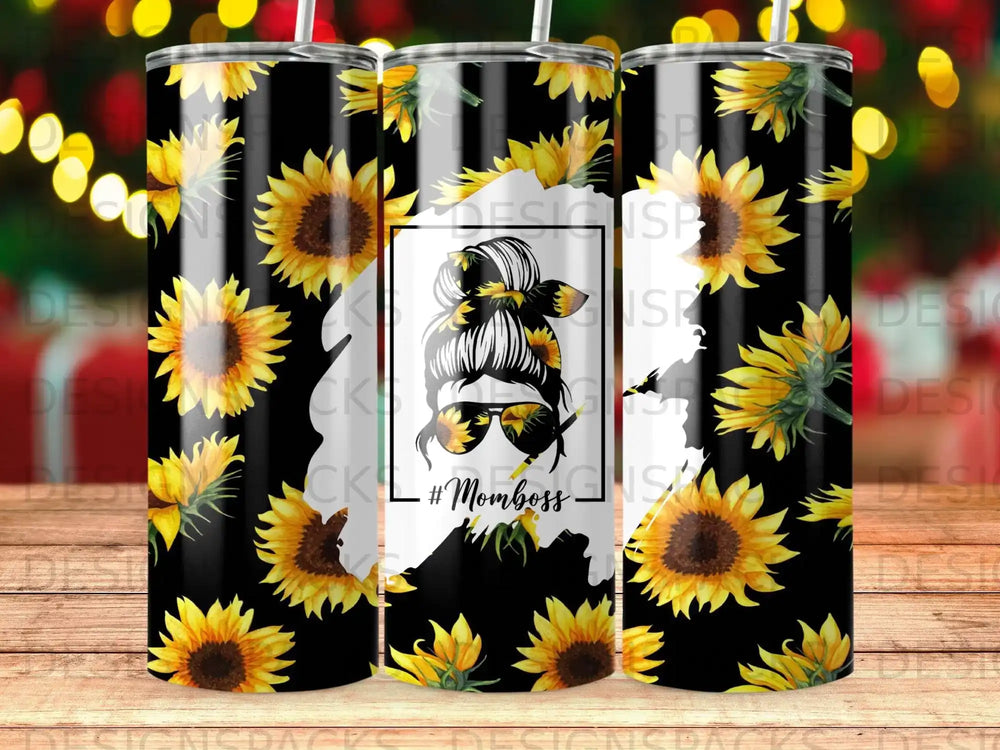 Sunflower tumbler with #MomBoss text and silhouette of a woman wearing sunglasses.