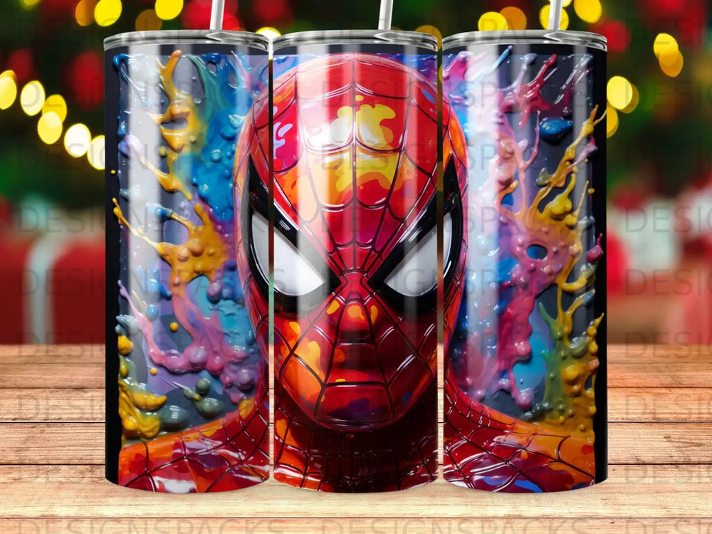 Spiderman's face in vibrant, colorful paint splatters on a tumbler.
