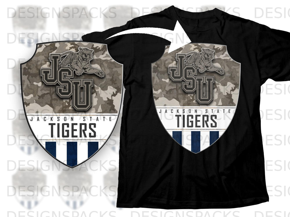 Jackson State Tigers shield logo with camouflage and navy stripes on a black t-shirt.