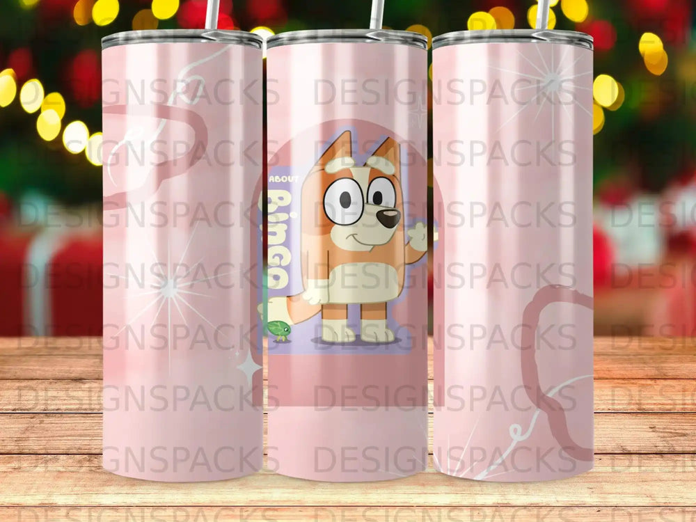 Bluey character illustration on a pink tumbler with wavy patterns.