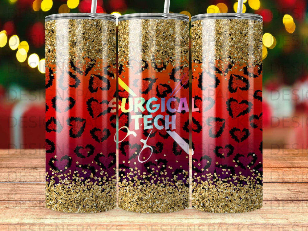 Leopard print tumbler with scissors and "Surgical Tech" text.