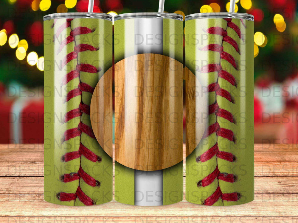 Green and white striped tumbler with wood grain pattern and baseball stitching.