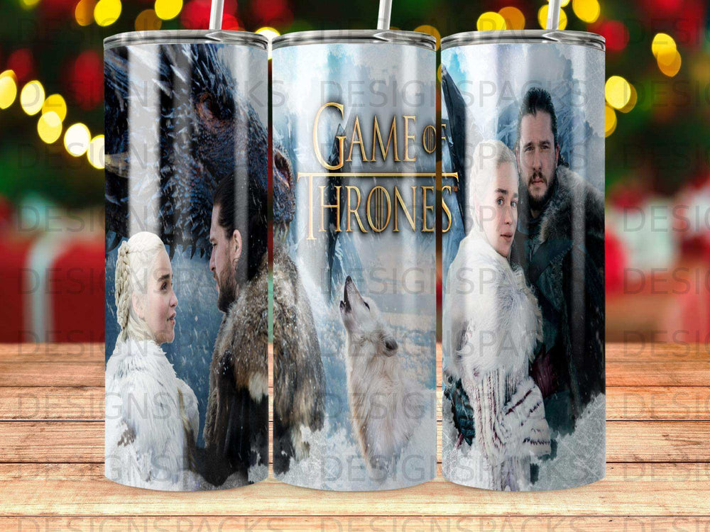 Game of Thrones tumbler with dragons, Jon Snow, and a direwolf.