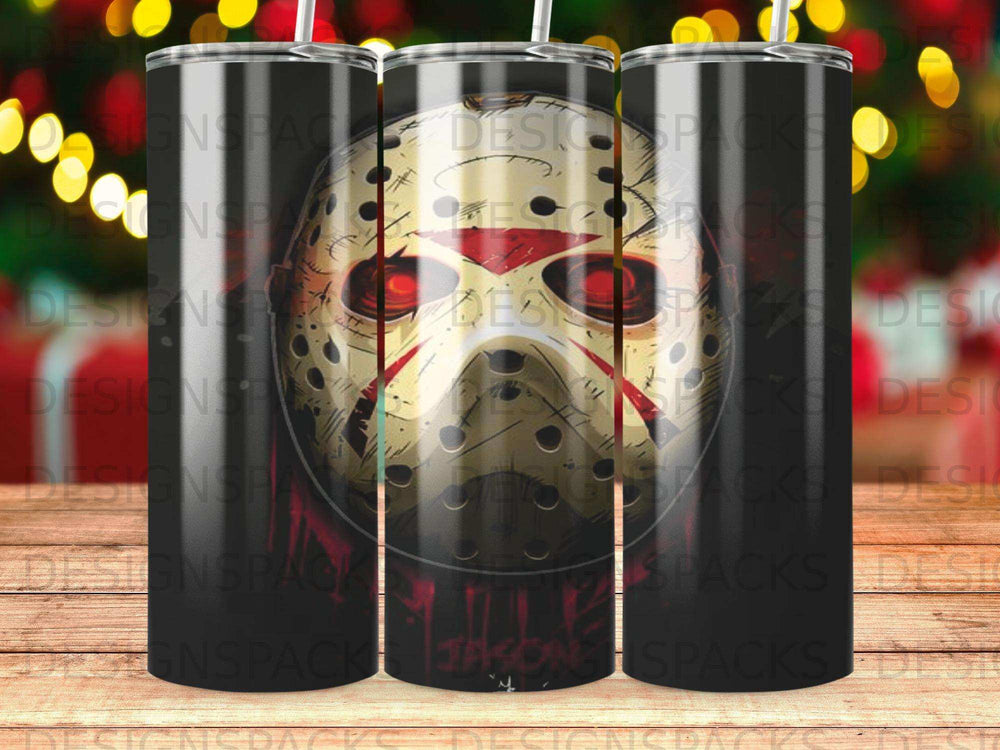 Jason Voorhees hockey mask with blood splatters on a tumbler.