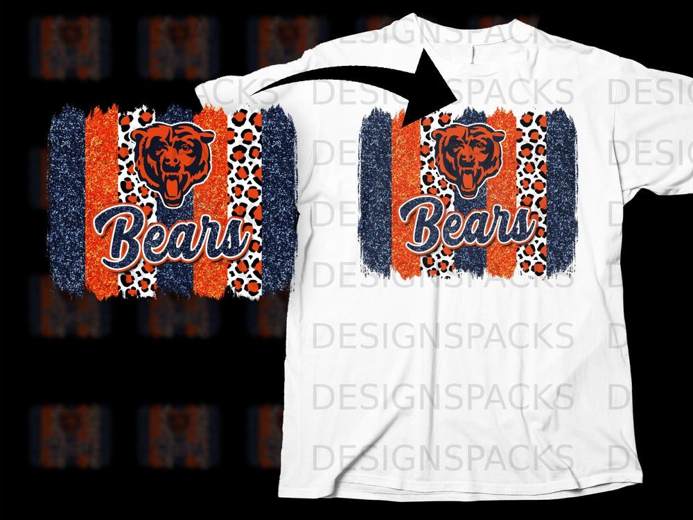 Chicago Bears logo with text "Bears" on striped and leopard print background.
