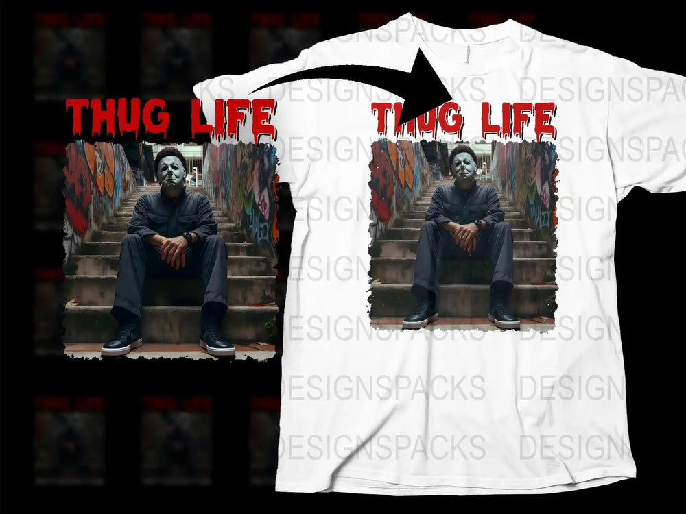 Thug Life Graphic T-Shirt, Urban Streetwear Hip Hop Tee, Michael Myers Halloween Design, Unisex Cotton Shirt