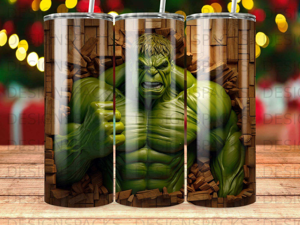 Hulk smashing through wooden wall, green muscles, determined expression.