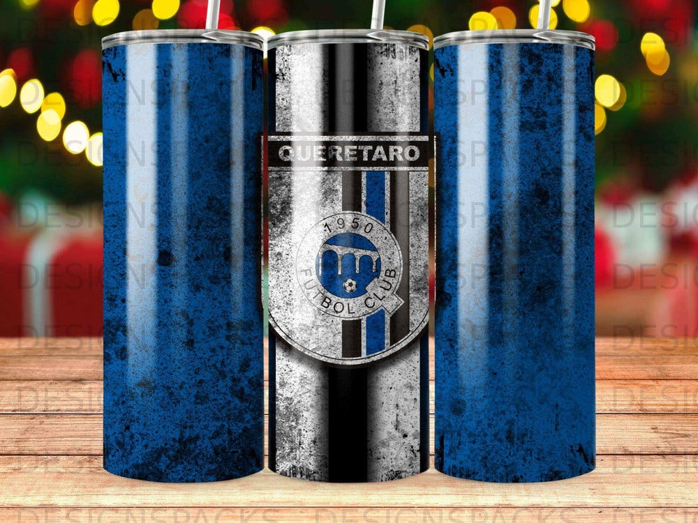 Querétaro Fútbol Club logo on three blue and black textured tumblers with straws.