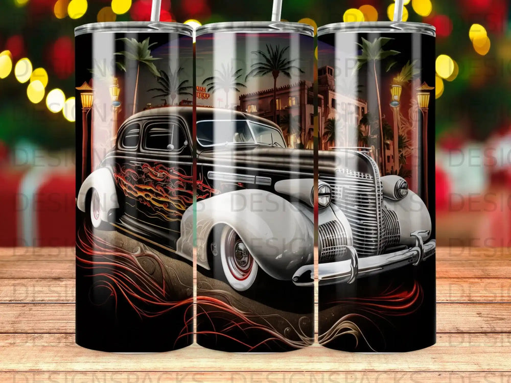 Classic hot rod with flames on a dark background with bokeh lights.