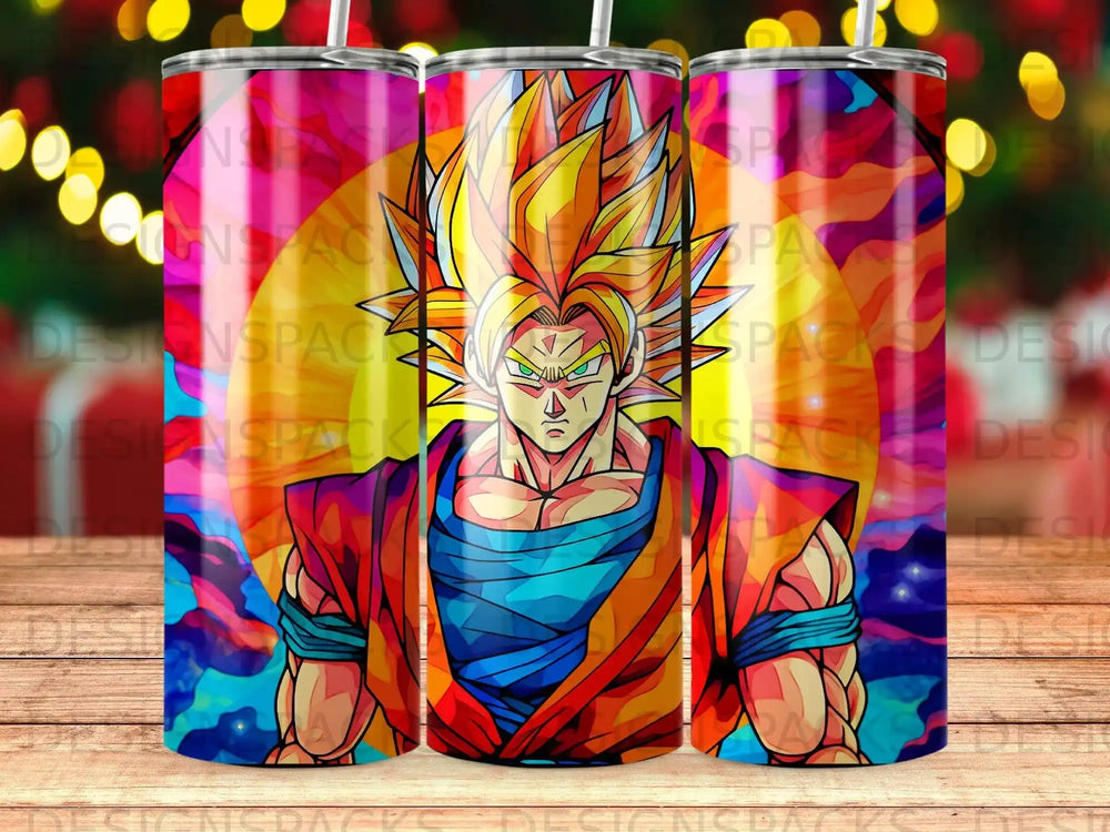 Goku with fiery hair against a colorful, abstract background on a tumbler.