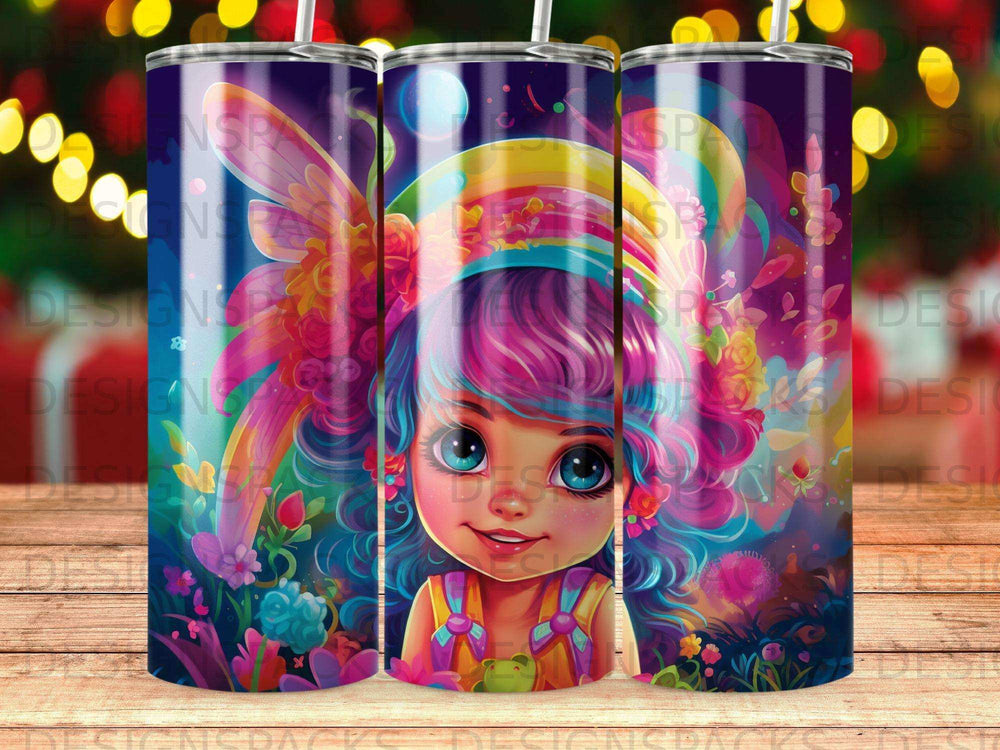 Cartoon girl with colorful hair and butterfly wings, surrounded by flowers.